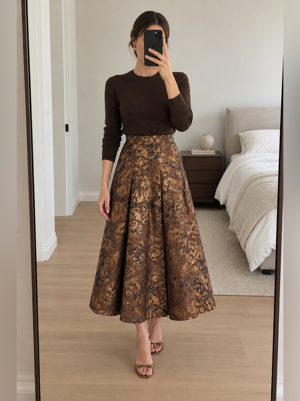 Zara Viral Shiny Jacquard Cape Skirt Ocher Metallic A-Line Midi Size M